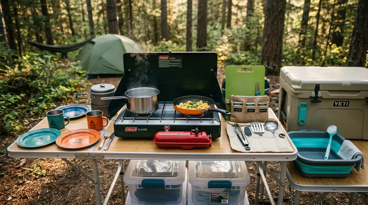 Camp kitchen setup with two-burner stove, cookware, cooler, and organized utensils on a folding table