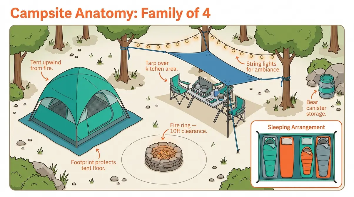 Campsite anatomy diagram showing tent placement, tarp, fire ring, and sleeping layout for a family of four