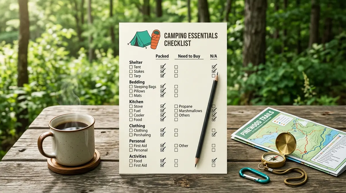Printed family camping checklist with three-column format on a wooden picnic table outdoors