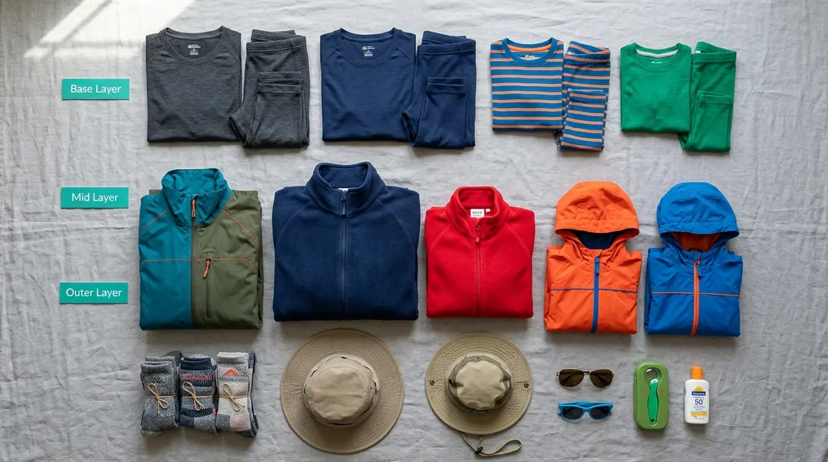 Family camping clothing flat-lay showing base layer, mid layer, and waterproof outer layer for adults and kids