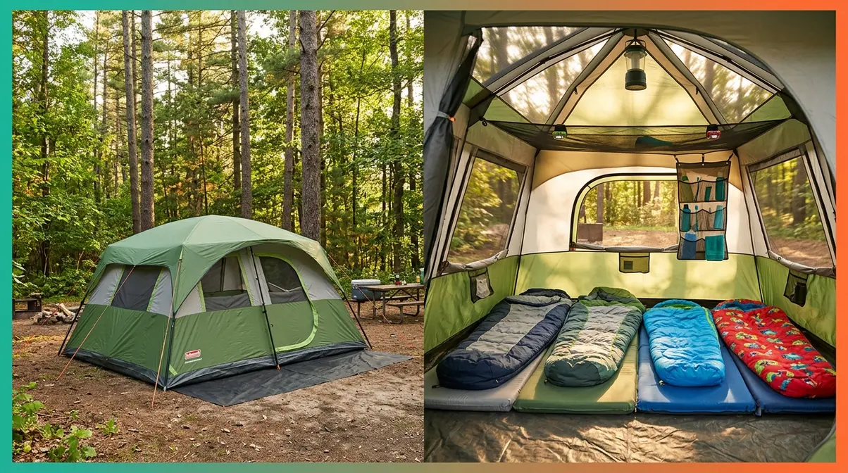 Family cabin tent exterior and interior showing sleeping bags, pads, and headlamps organized for four