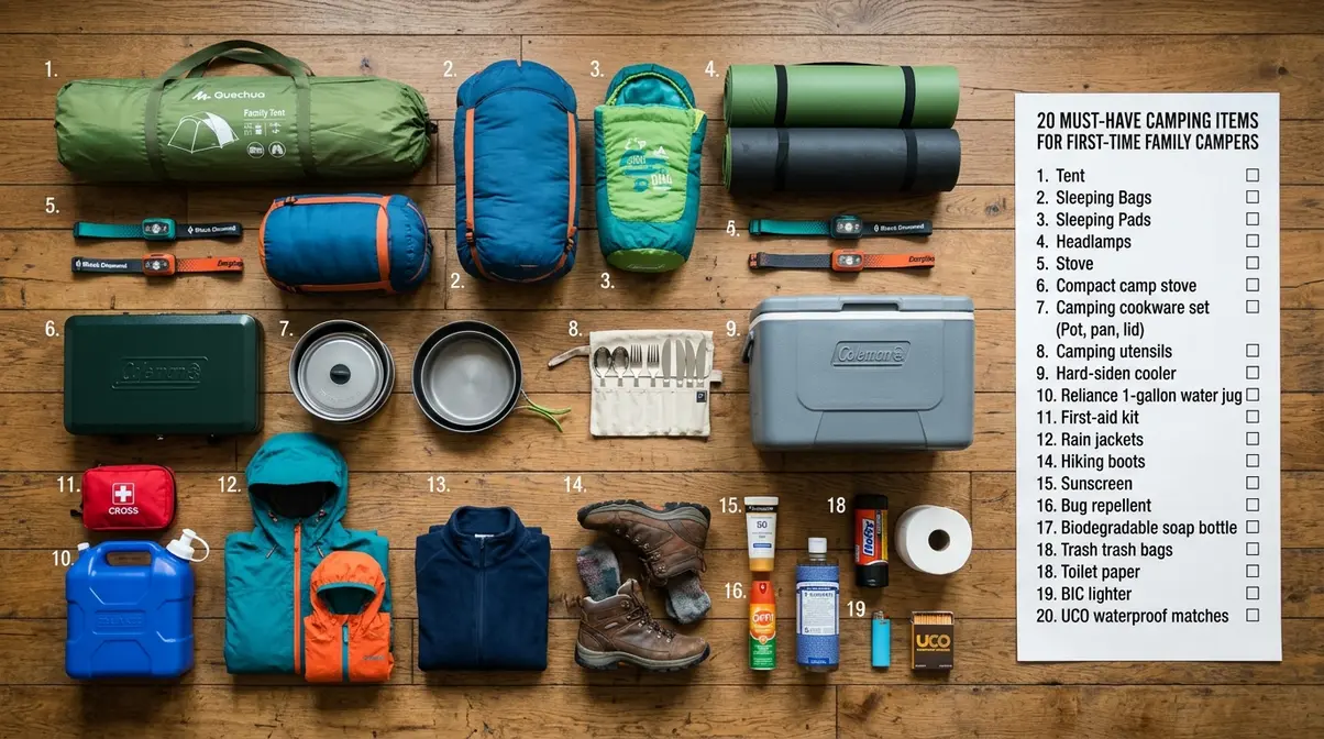 Twenty must-have camping essentials for first-time family campers laid out in an organized flat-lay