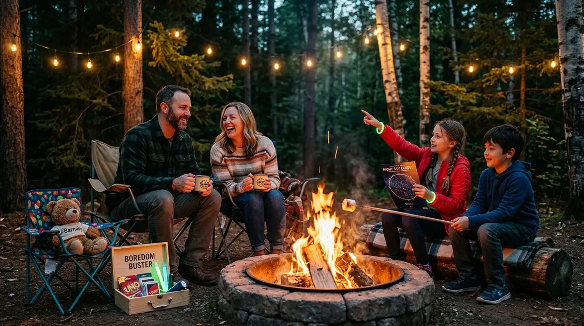 Family roasting marshmallows at a campfire with kids using glow bracelets and star charts at night