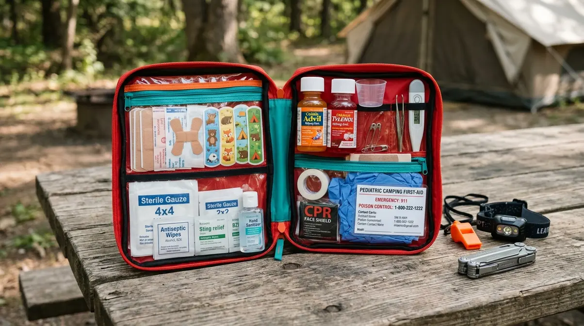 Open pediatric camping first-aid kit with children's medications, bandages, thermometer, and emergency contact card