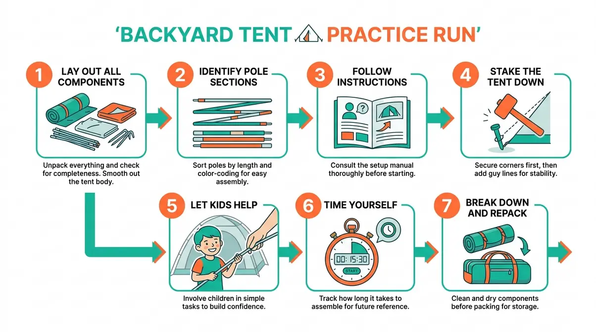 Step-by-step diagram showing seven steps for a family backyard tent practice run before camping