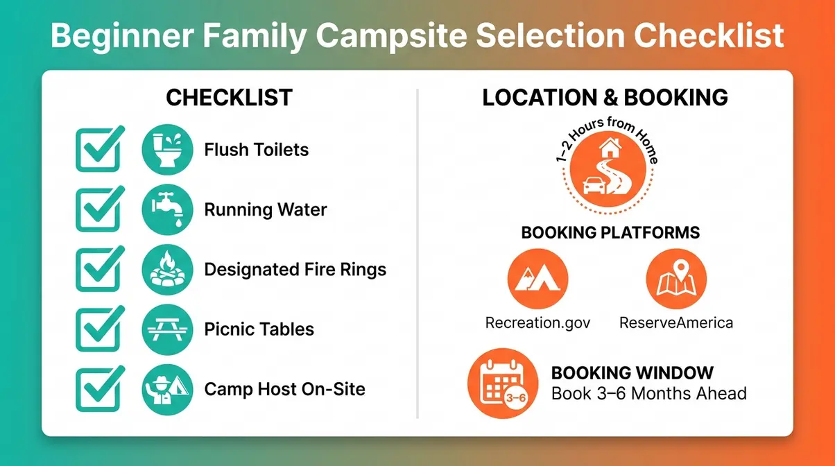 Beginner family campsite selection checklist showing amenities, proximity rule, and booking tips
