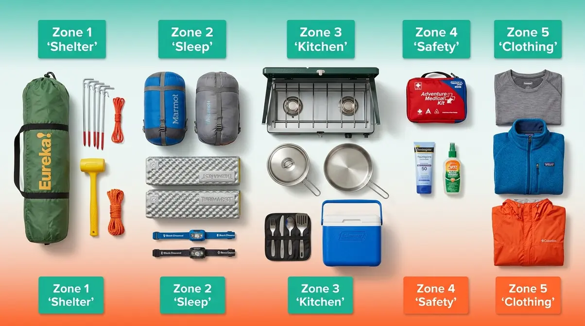 Flat-lay of complete family camping gear organized into five zones: shelter, sleep, kitchen, safety, and clothing