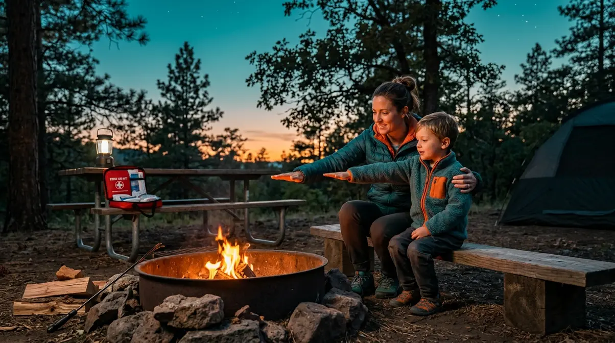 Parent teaching child the arm's length campfire safety rule at a designated fire ring at dusk