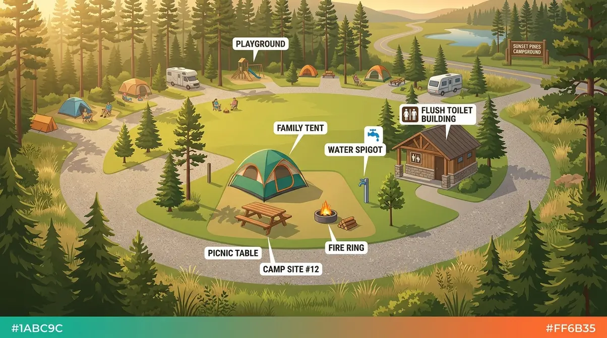 Aerial view of a beginner-friendly family campsite with labeled amenities including fire ring and picnic table
