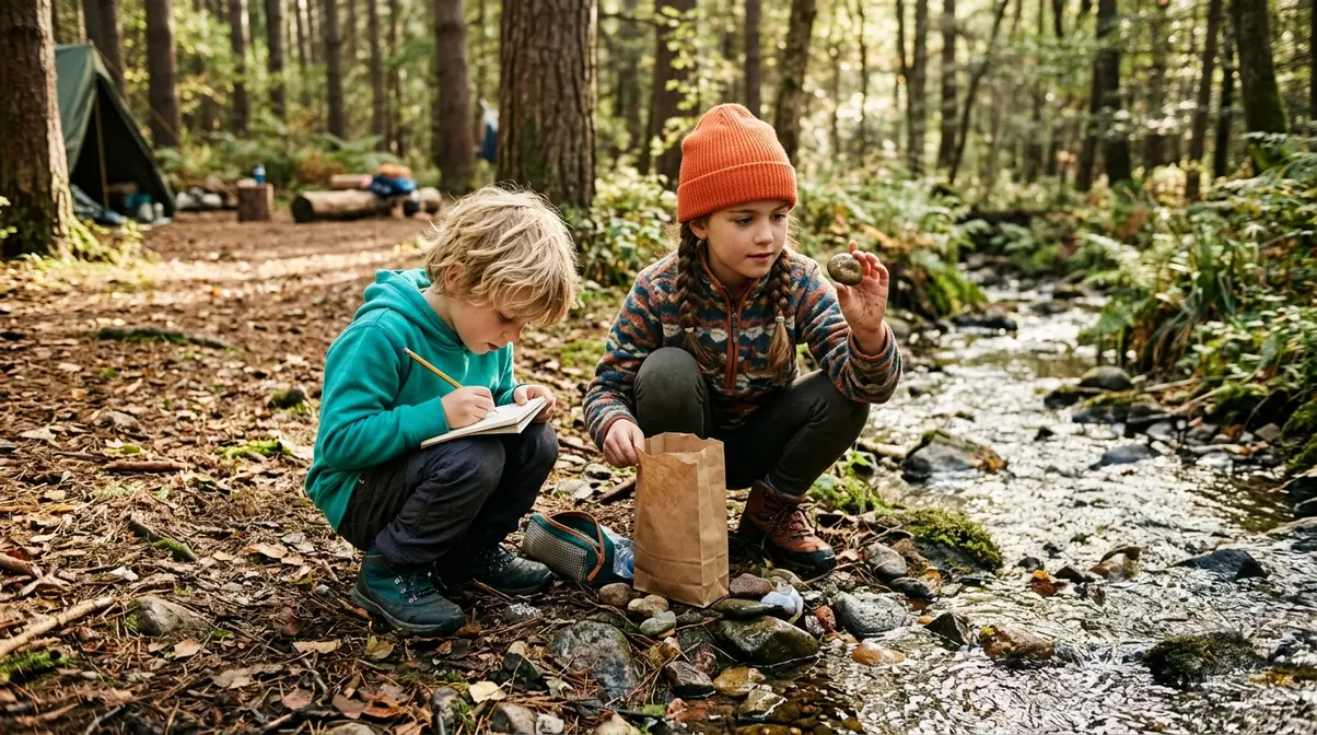 Two children exploring a forest stream at a campsite collecting rocks and nature journaling without screens