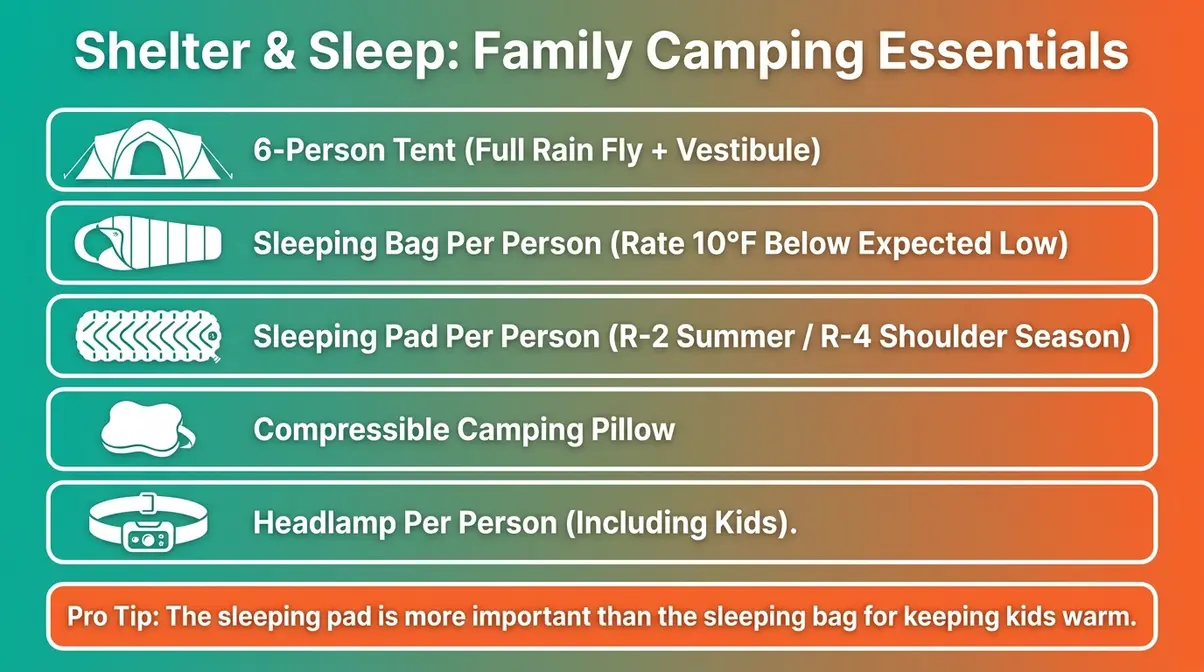 Visual checklist of family camping shelter and sleep gear including tent, sleeping bags, pads, and headlamps