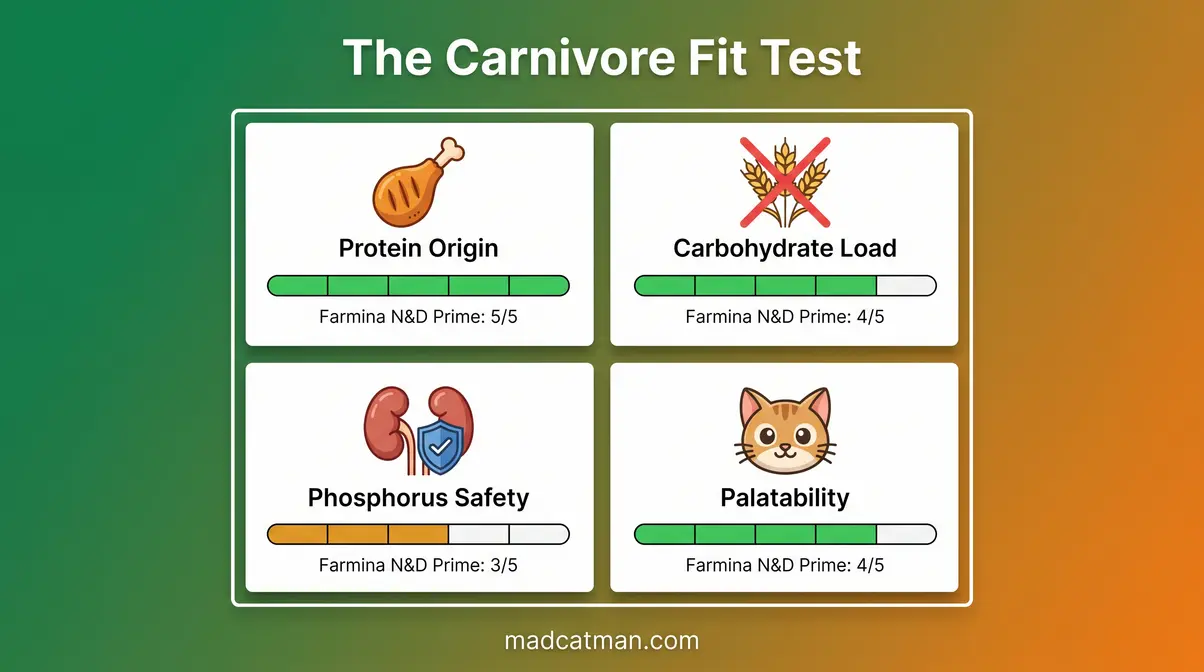 The Carnivore Fit Test infographic evaluating Farmina N&D Prime across four feline nutrition dimensions
