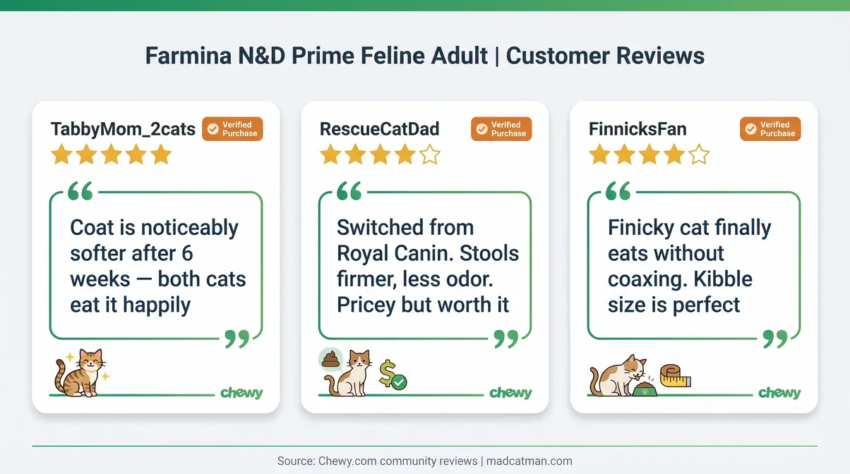 Chewy customer reviews for Farmina N&D Prime Feline Adult showing positive feedback on coat quality and palatability