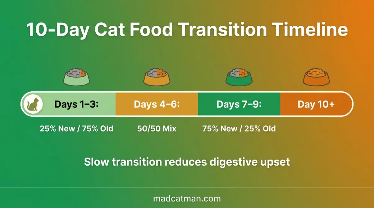 Ten day cat food transition guide showing gradual mixing ratios from old to new food