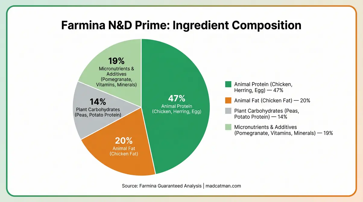 Ingredient composition chart for Farmina N&D Prime Feline Adult chicken and pomegranate formula