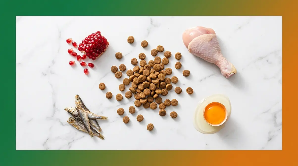 Farmina N&D Prime kibble with chicken pomegranate and herring ingredients on white surface