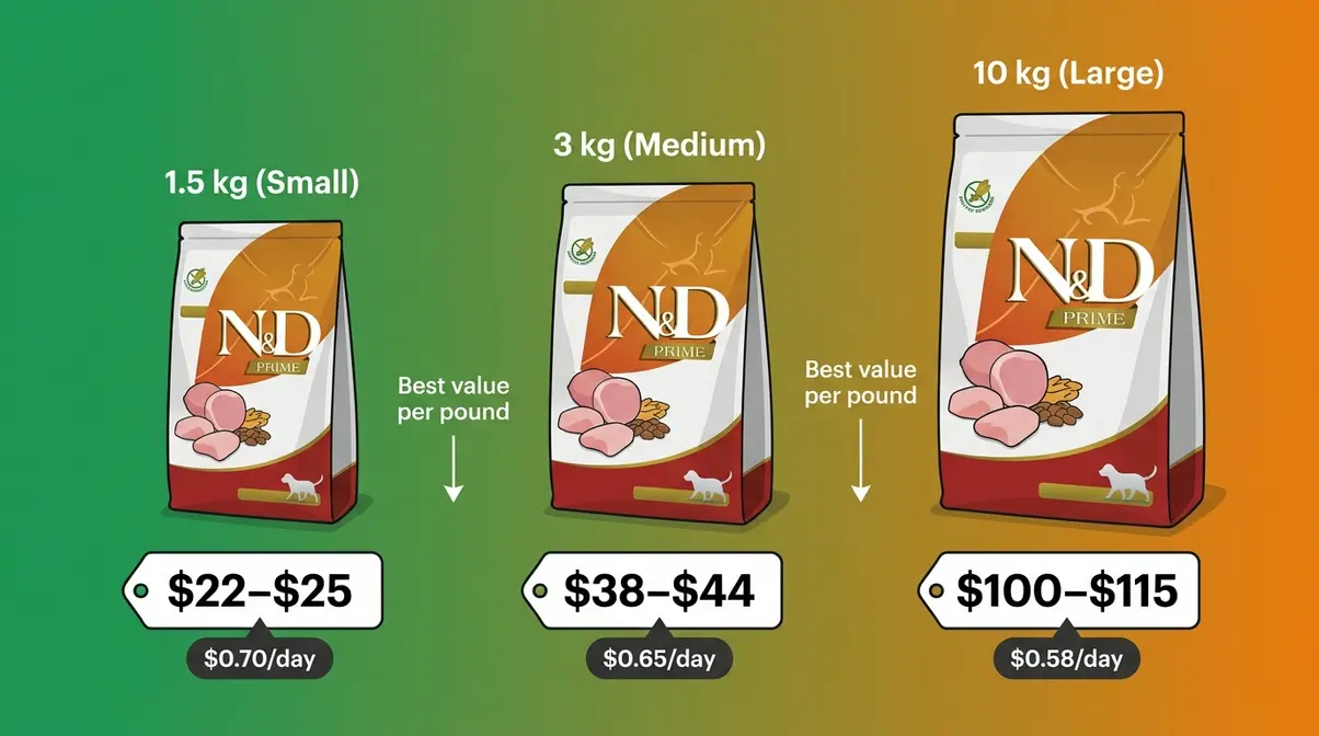 Farmina N&D Prime bag sizes and price per day cost breakdown for cat owners