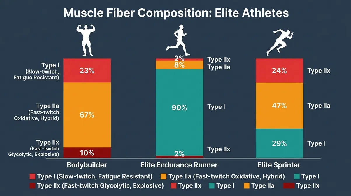 Elite athlete muscle fiber composition chart comparing bodybuilder, endurance runner, and sprinter fast twitch and slow twitch percentages
