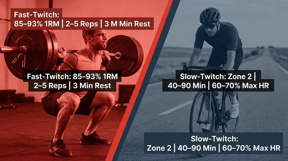 Fast twitch training with heavy barbell squat versus slow twitch Zone 2 cardio cycling training protocols side by side
