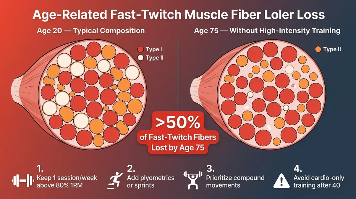 Age-related fast twitch muscle fiber loss diagram showing sarcopenia progression from age 20 to 75 with fiber preservation strategies