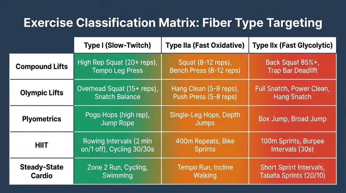 Exercise classification matrix for fast twitch and slow twitch muscle fiber training showing compound lifts, Olympic lifts, and cardio