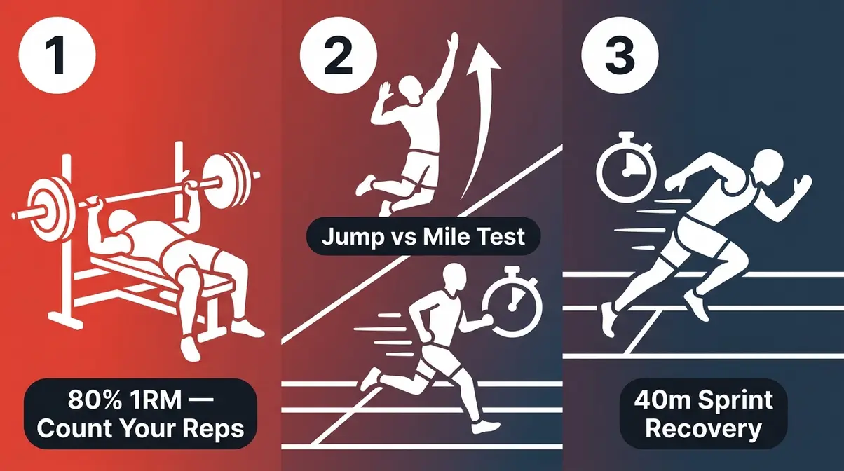 Three self-assessment tests for muscle fiber type dominance including bench press rep test, vertical jump, and sprint recovery