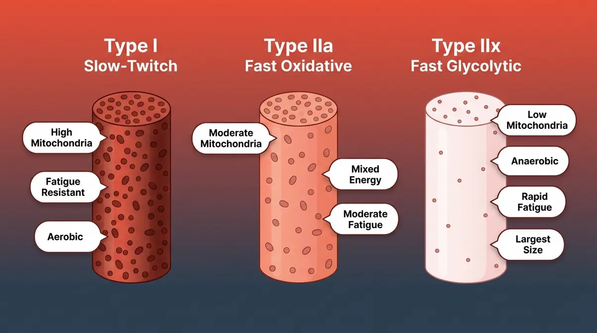 Three muscle fiber types comparison showing Type I slow-twitch, Type IIa and Type IIx fast-twitch cross-sections with mitochondria density