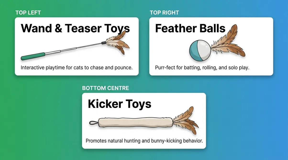 Three types of feather cat toys — wand teasers, feather balls, and kicker toys illustrated for UK cat owners
