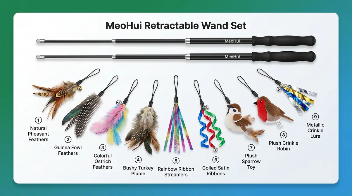 MeoHui retractable cat wand set showing two wands and nine feather refill attachments for indoor cats