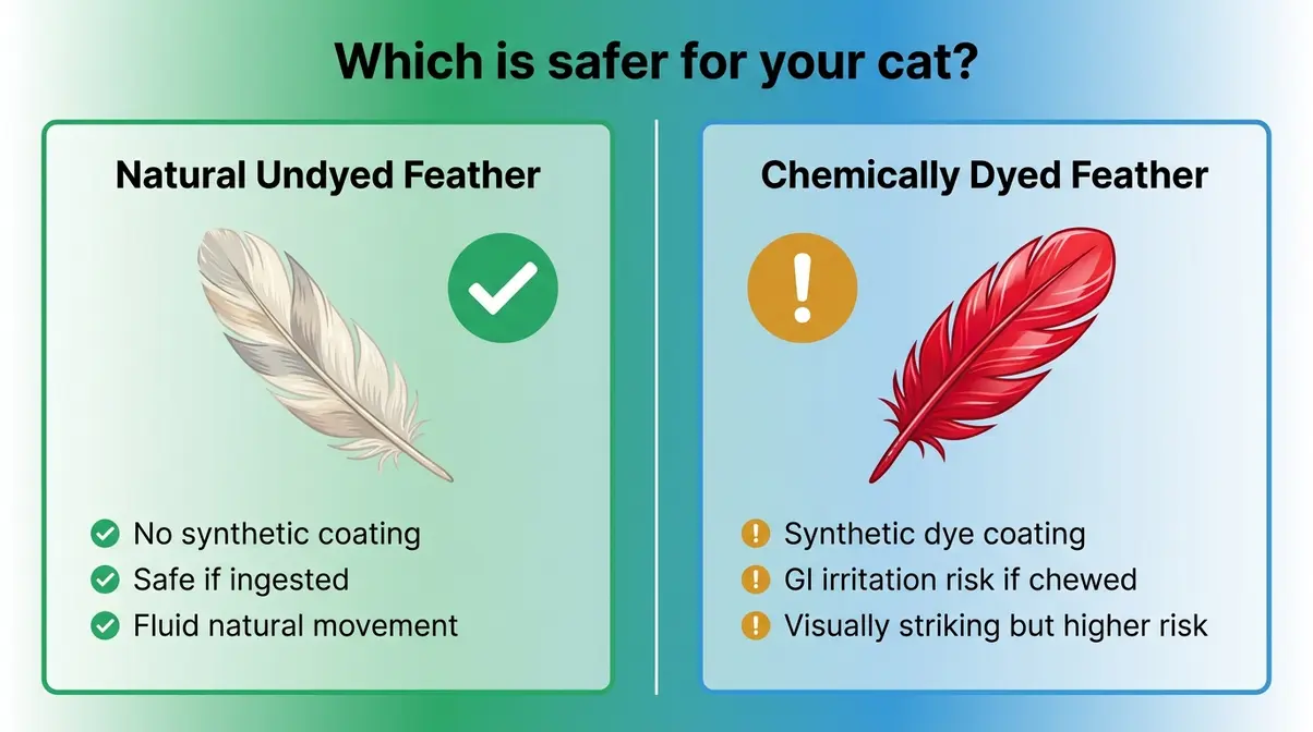 Comparison diagram of natural undyed feather versus chemically dyed feather for cat toy safety assessment
