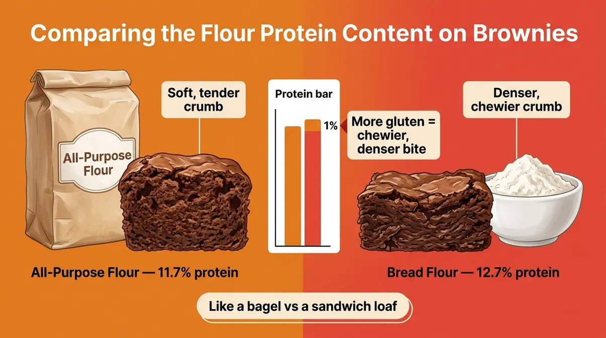 Felix Brownie Recipe: Fudgy, Crinkly-Topped Sunshine Method 9 Bread flour versus all-purpose flour protein comparison showing effect on brownie texture chewiness for Felix recipe