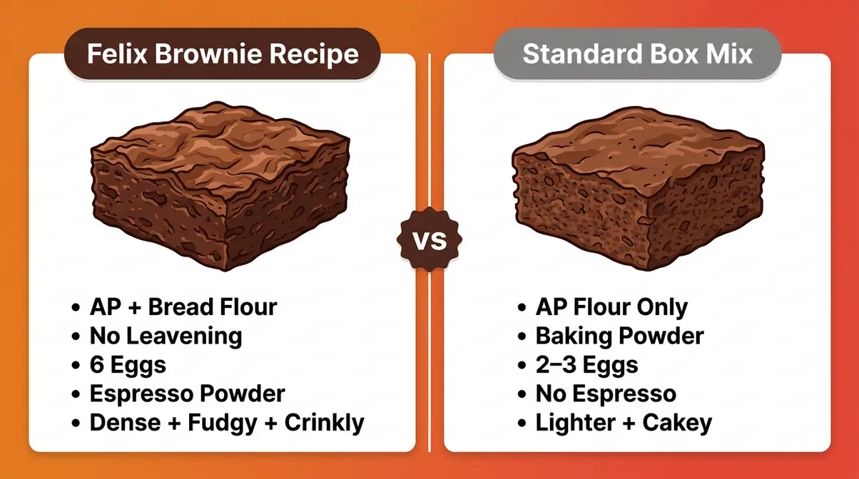 Felix Brownie Recipe: Fudgy, Crinkly-Topped Sunshine Method 11 Felix brownie recipe versus standard box mix comparison showing flour leavening eggs and texture differences