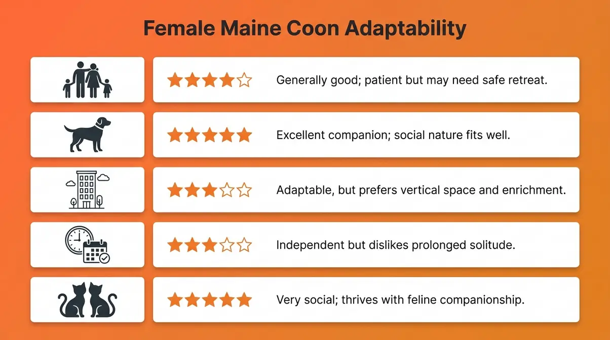 Female Maine Coon adaptability comparison chart showing household compatibility star ratings across five scenarios