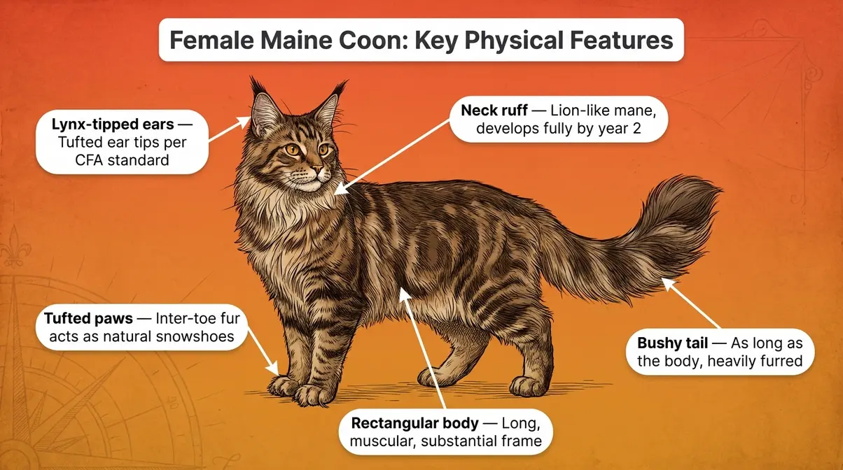 Diagram of female Maine Coon physical features including lynx-tipped ears, neck ruff, and tufted paws
