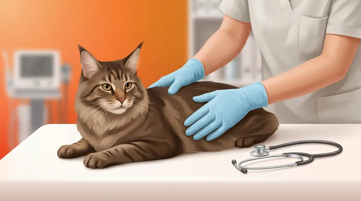 Female Maine Coon cat receiving veterinary health screening for HCM and breed-specific conditions