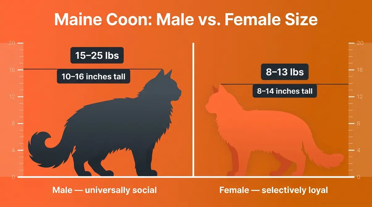 Side-by-side size comparison of male versus female Maine Coon showing weight and height differences with labeled silhouettes