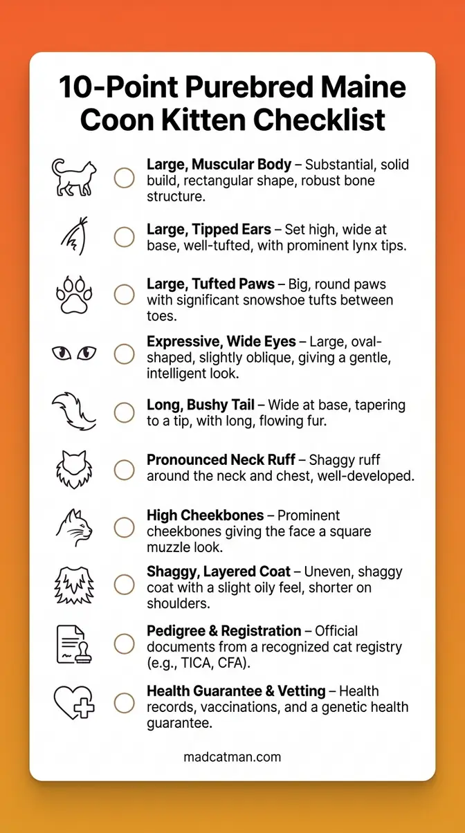 Visual checklist of 10 physical traits to identify a purebred female Maine Coon kitten from a breeder