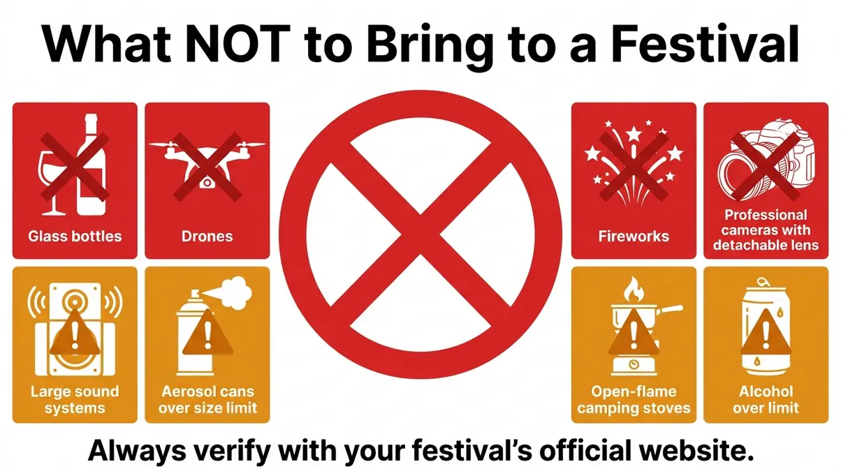 Infographic showing commonly banned items at UK festival gates including glass bottles drones and professional cameras