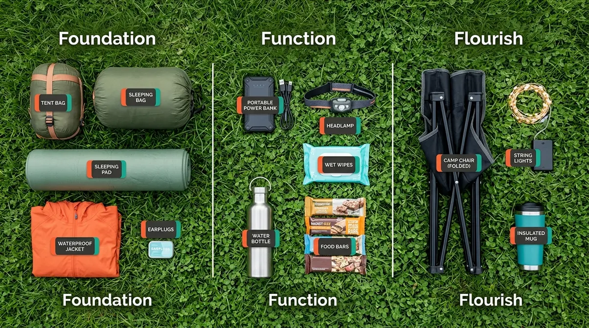 Festival camping checklist items grouped by Foundation Function and Flourish priority tiers on grass