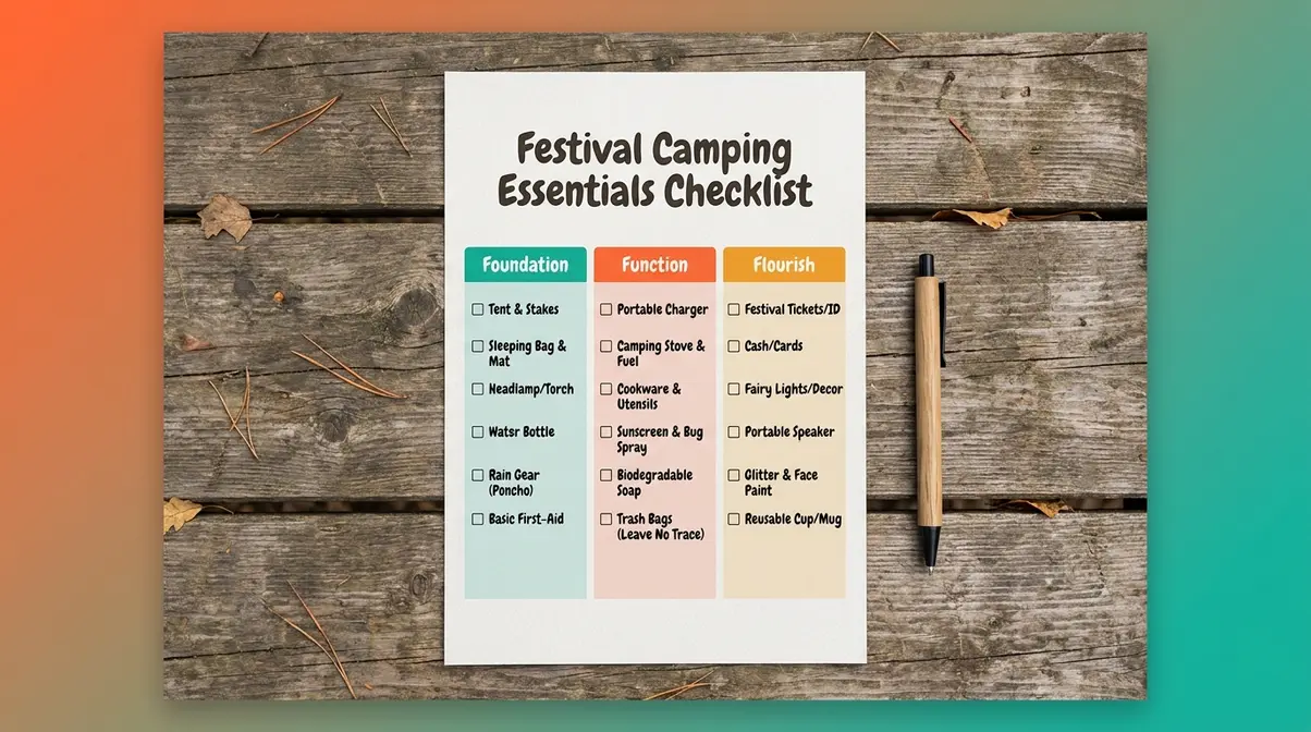 Printable festival camping essentials checklist PDF preview showing Foundation Function and Flourish columns