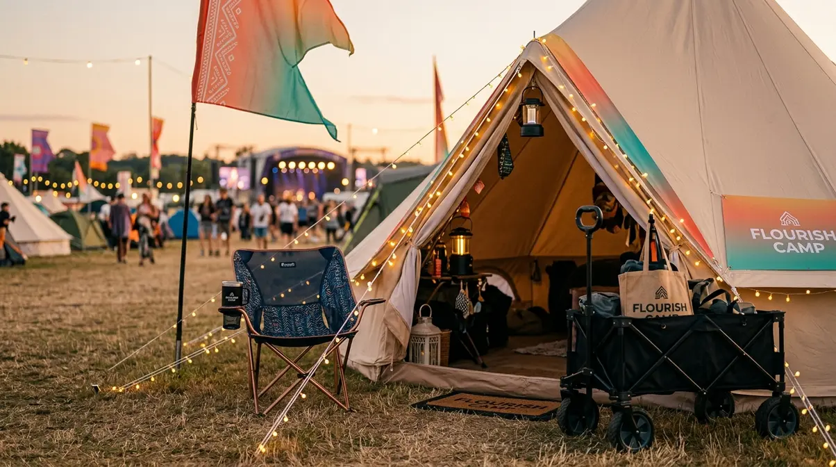 Festival campsite with camp chair string lights flag marker and doormat showing comfort upgrade hacks