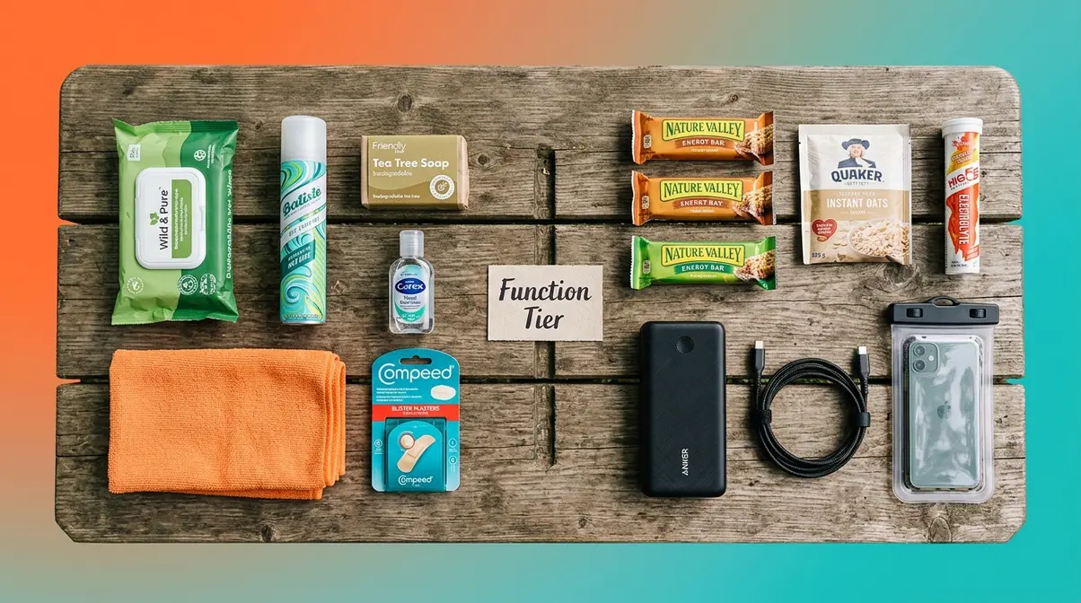 Festival campsite hygiene and food essentials flat lay showing wet wipes power bank and energy bars