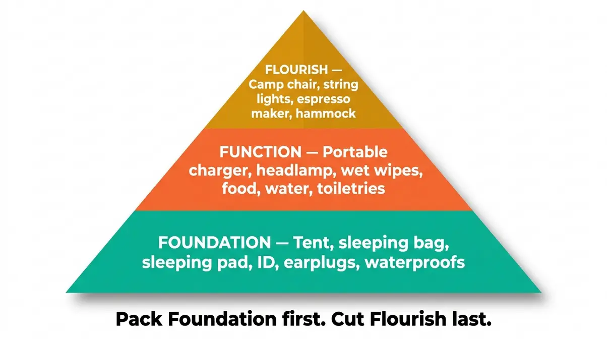 Festival camping essentials packing pyramid showing Foundation Function and Flourish priority tiers