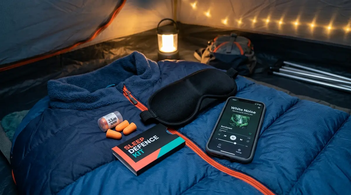 Festival sleep defence kit showing foam earplugs sleep mask and white noise app for surviving sunrise and noise