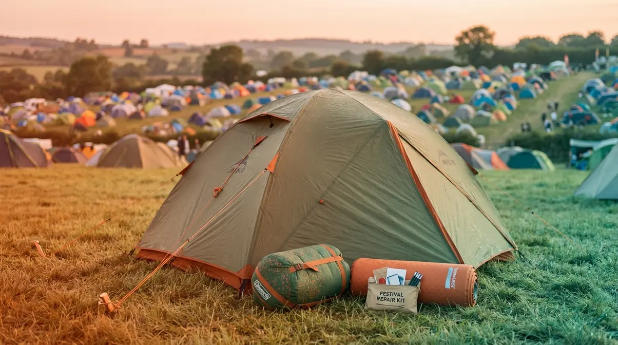 Festival tent and sleeping gear setup showing dome tent sleeping bag and sleeping pad on campsite
