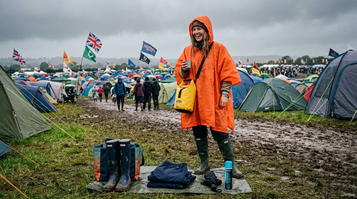 UK festival rain essentials including waterproof poncho wellies dry bag and waterproofing spray at muddy campsite