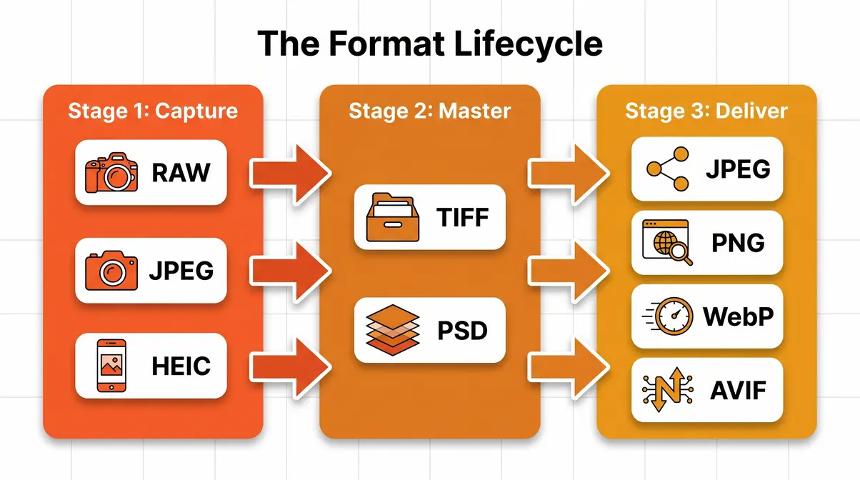 File formats in photography mapped across the Format Lifecycle showing Capture, Master, and Deliver stages