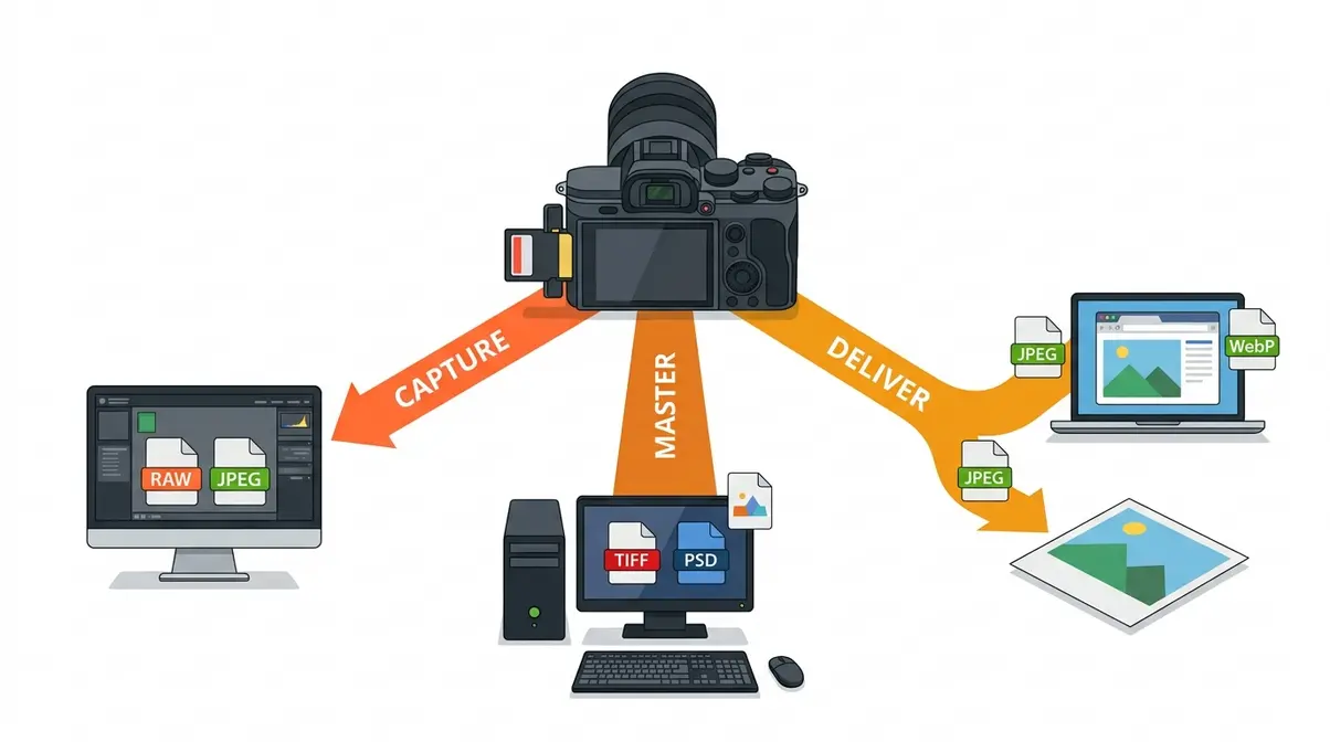 Photography file formats overview showing camera capture path to master editing and web delivery outputs