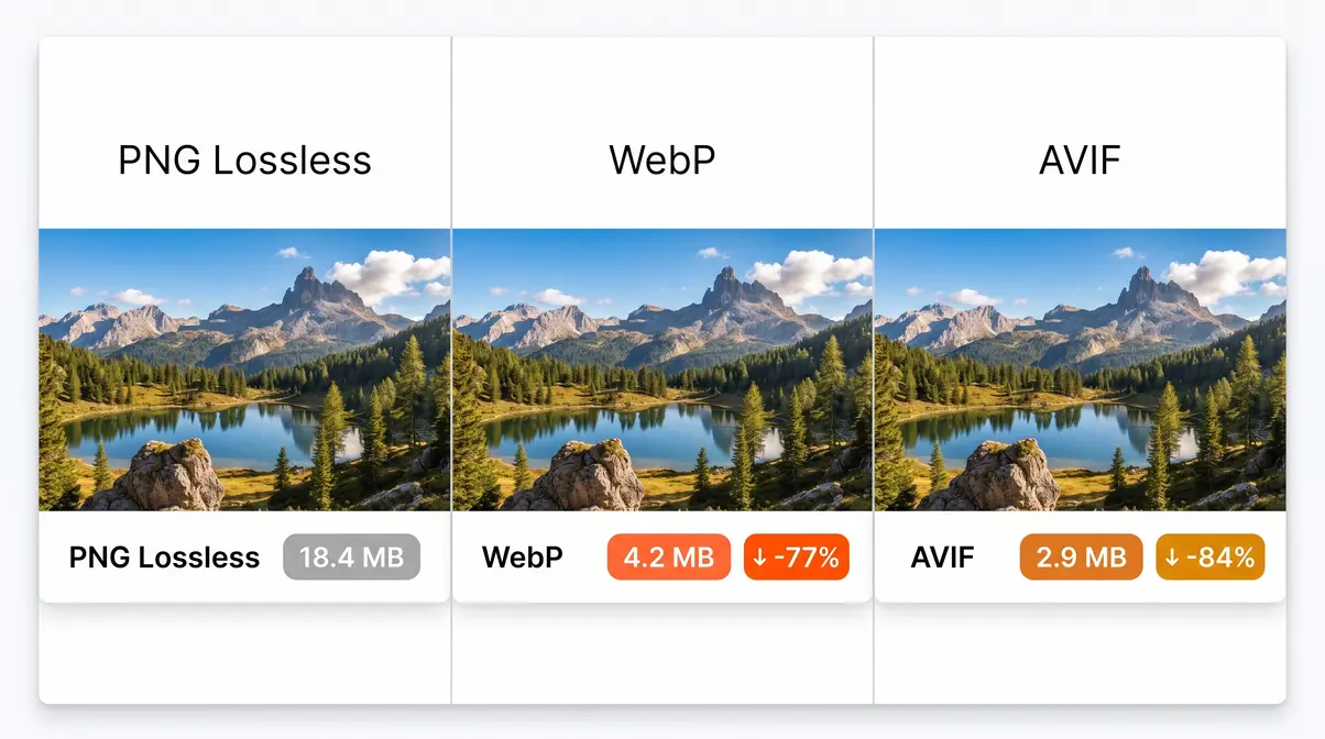 PNG vs WebP vs AVIF compression comparison for web photography delivery formats
