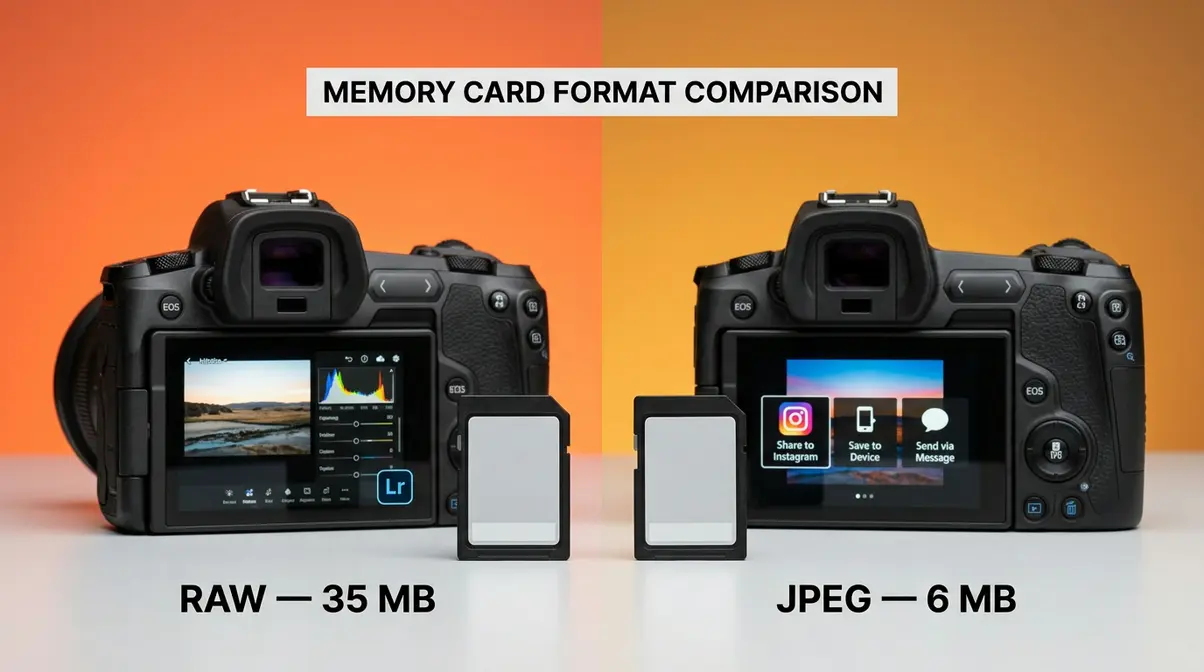 RAW vs JPEG camera capture format comparison showing file size and editing flexibility difference